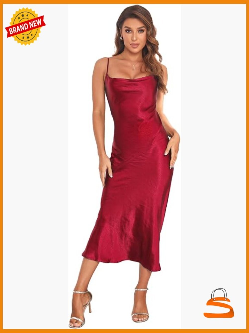 Spaghetti Strap Midi Satin Slip Dress Cowl Neck Backless Sheath Formal
